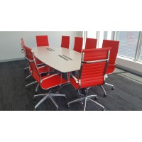 Potenza Boardroom Table 3 Metre White with Eames Replica Chairs in Red Potenza Boardroom Table 3 Metre White with Eames Replica Chairs in Red