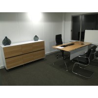 Potenza Manager Desk with Potenza Cabinet in Birch and Manta Chairs Potenza Manager Desk with Potenza Cabinet in Birch and Manta Chairs